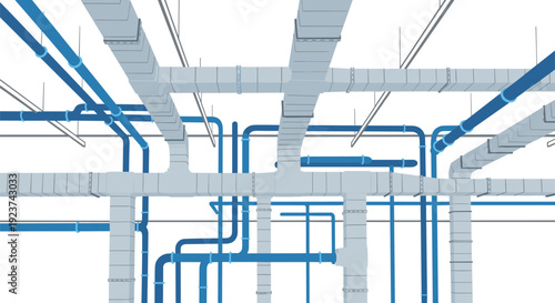 A dense network of grey ducts and blue pipes intricately interweaves, illustrating a complex building system infrastructure.