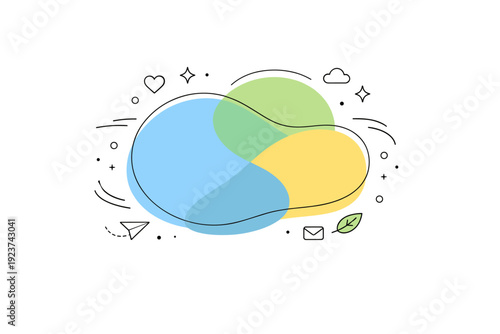 Abstract backgrounds. A central organic shape surrounded by small decorative elements and motion lines. Focused yet relaxed composition with