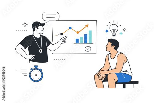 Athlete coaching feedback illustration. A coach gesturing towards a performance chart or demonstrating a movement while the athlete listens attentively,