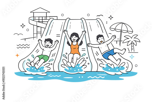 Water parks fun scenes. People sliding down wide water slides with gentle splashes and playful motion lines. Joyful summer energy and