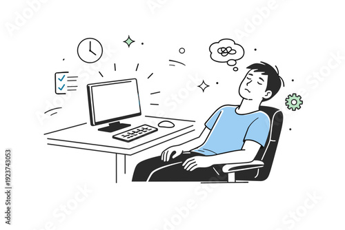 Screen Time Pause. Screen exhaustion moments. Individual leaning back in a chair staring at a glowing screen, unfocused gaze and relaxed hands. Subtle sense of