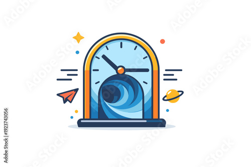 Time portals a symbolic scene with a doorway shaped like a clock and subtle motion lines, conveying time travel, possibility, and conceptual