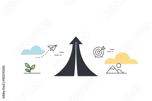 Fresh start clean direction. A minimal abstract scene with a single path or arrow moving into open space, surrounded by soft shapes. The mood