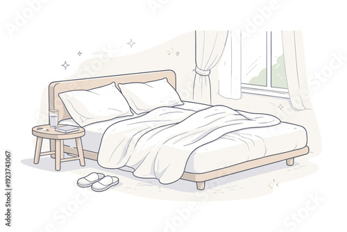 Recently left scenes. Bed with slightly crumpled sheets, soft light from a nearby window, silence in the air. Sense of just-woken presence or