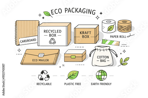Sustainable packaging flatlay concepts ? eco-friendly materials overview. A clean flatlay scene with recycled paper boxes,
