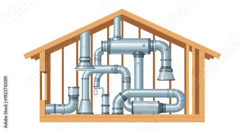 A cross-section illustration of a house frame clearly displays an extensive interior HVAC duct and pipe system.