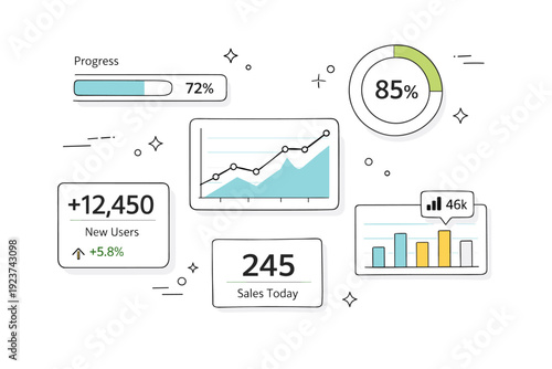 Data UI components. Progress bars, charts and numeric indicators floating lightly in space. Sense of insight and digital clarity, clean and