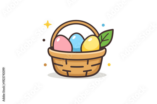 Easter holiday concept small basket holding pastel eggs and a single leaf, creating a calm and modern visual metaphor of seasonal giving and renewal.