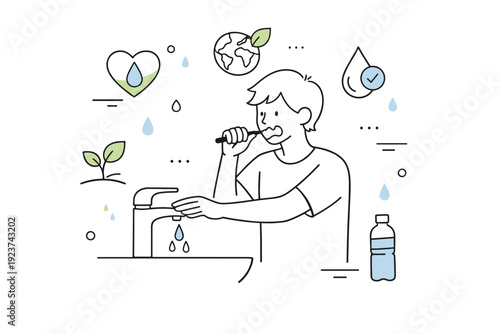 Water conservation in everyday routines. A calm editorial scene of a person turning off a faucet while brushing teeth, showing mindful daily water use. Soft