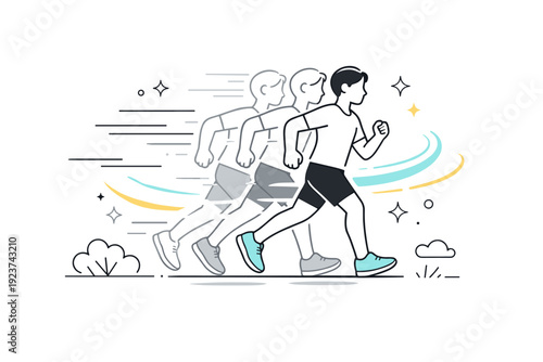 Motion blur human movement outdoors. A person jogging or walking briskly, motion lines and transparent duplicates showing direction. Light energy and natural