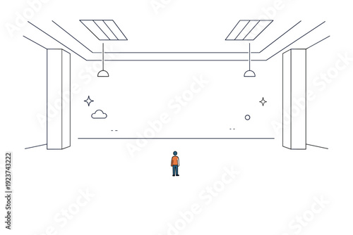 Human scale in large spaces. A small human figure stands in the center of a vast open hall with high ceilings and wide empty floor. Emphasis on scale contrast