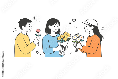 Friends exchanging flowers as a quiet celebration. Two or three friends share flowers between them, no crowd or noise. Soft happiness and