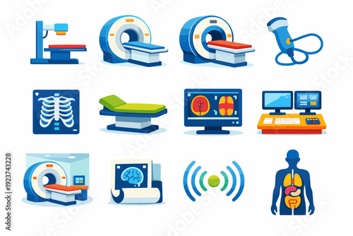 MedicalImaging. Colorful flat vector icons set of MedicalImaging: x-ray machine, CT scanner, MRI machine, ultrasound probe, radiology image,