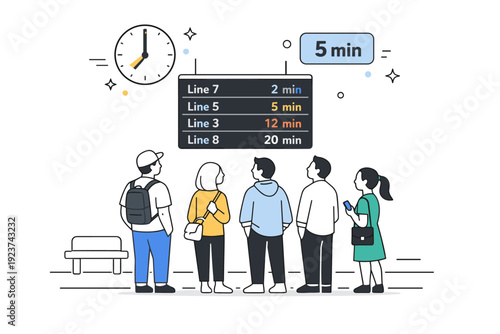 Public transport waiting time. Small group standing on a platform, digital timetable board and minimal clock icons above. Pause,