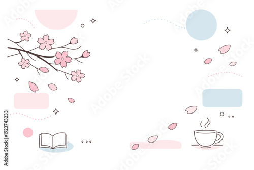 Abstract cherry blossom background. Floating pastel petals, stylized tree branches, and soft geometric shapes arranged for a clean editorial