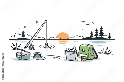 Fishing at dawn or dusk. Lakeside scene with fishing gear placed on the shore, soft light and long shadows suggesting early or late hours.