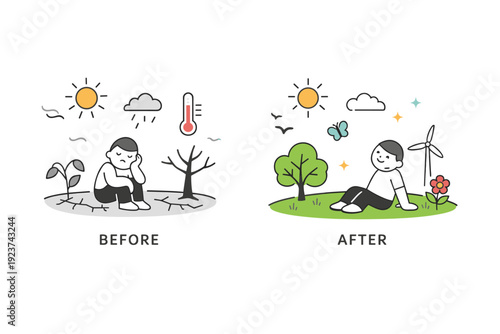 Climate Change Illustration. Climate communication graphics. Comparison layout with before-and-after climate scenarios shown through minimal symbols and color