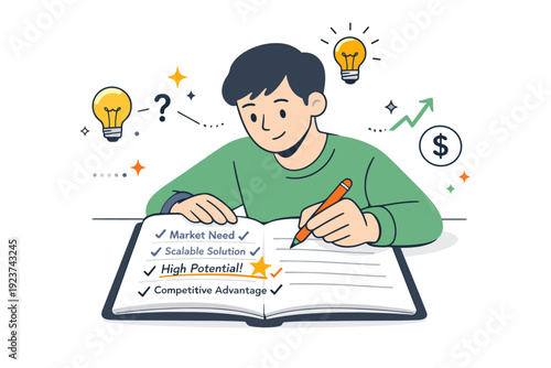 Idea validation note-taking. Person underlining key insights in notes, with small checkmarks and stars emphasizing conclusions. Moment of