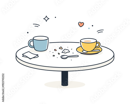 Two cups of coffee on a table with crumbs and a spoon, simple illustration