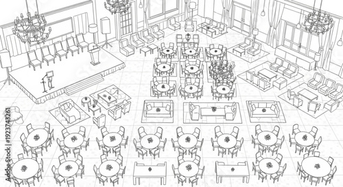 Overhead view of a gathering with tables and chairs, people present.