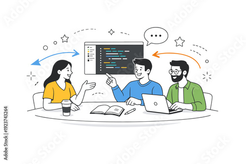 Collaborative coding environment. A small group of developers discussing and reviewing code on a shared screen, abstract floating arrows and