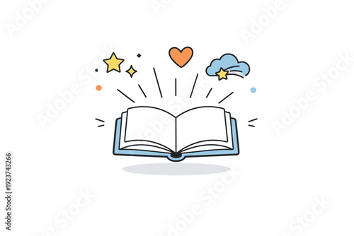 Abstract reading inspiration. Floating book icon with stars, heart, and light rays surrounding it. Emotional connection, imagination, and joy of reading.