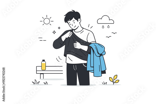 Changing wardrobe layers in public. A character adjusts clothing outdoors, holding a coat over one arm as weather shifts. Everyday