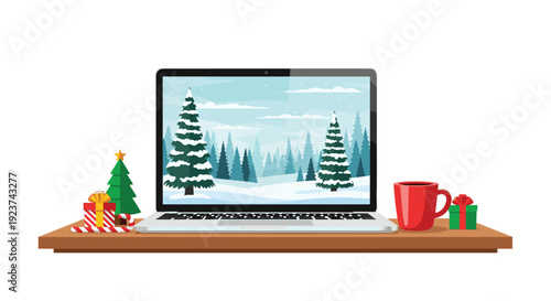 Laptop displaying a snowy winter forest scene on a wooden desk next to a small Christmas tree, gifts, and a red mug.