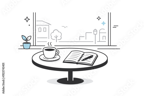 Empty cafes daytime. A window-side table with a single coffee cup and notebook, street outside softly implied. Stillness, reflection, and quiet creativity.