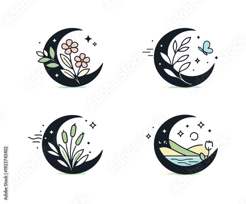 Crescent moon spring designs. Abstract crescent shape blended with botanical elements, soft rhythm expressing harmony between nature and