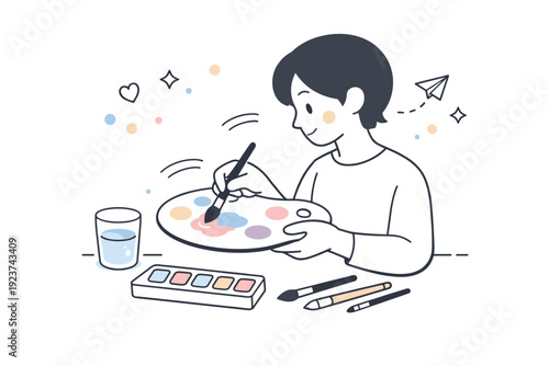 Color exploration. A person mixing watercolor shades on a palette, with soft floating dots and motion lines indicating gentle