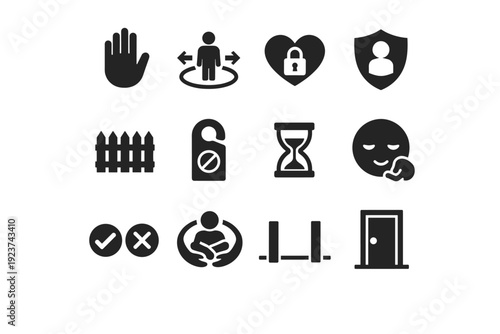 Healthy Boundaries Icons. Healthy boundaries. Solid icon set of Healthy boundaries: stop hand, personal space icon, locked heart, privacy shield, fence, do not