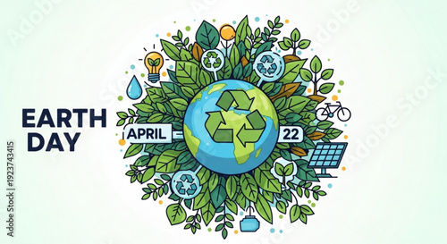 Earth day illustration with recycling symbol globe leaves and eco friendly icons on white background