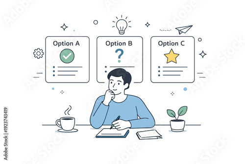 Calm Decision-Making Scene. Calm decision-making scene. A person sitting at a desk reviewing a few clear options on paper or screen, relaxed posture and steady