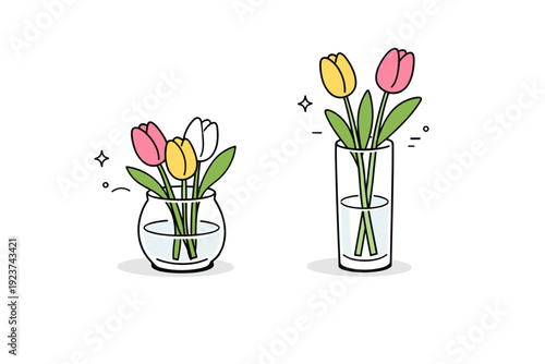 Simple glass vases with tulips in quiet still life. Close-up view of tulips and glass, focusing on simple shapes, stems, and petals. The