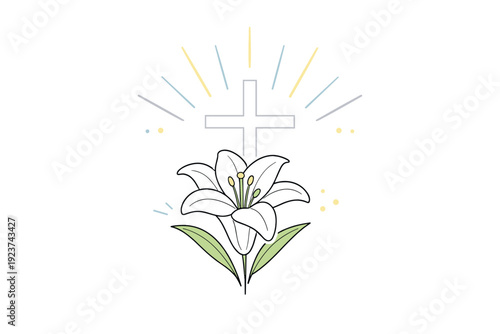 Resurrection faith symbols. Clean editorial illustration featuring a lily flower, soft rays of light, and a subtle cross arranged in a balanced composition.