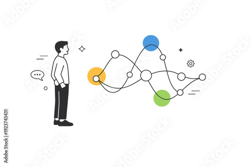 Human and AI collaboration. A person calmly facing an abstract digital shape made of nodes and curves. Friendly scene expressing cooperation between human