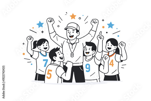 Coach and team celebrating. The team surrounds the coach, cheering with raised hands, floating stars and dots accentuating enthusiasm and