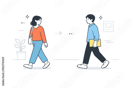 Avoided eye contact moments. Two people pass each other in a hallway, both looking slightly away, shoulders relaxed. Subtle social distance