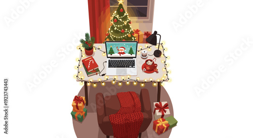 Desk with laptop showing Santa, wrapped in festive lights, surrounded by Christmas decorations in a cozy room.