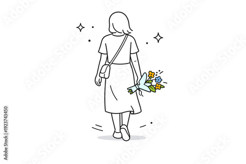 Women holding flowers while walking. Rear view of a woman walking away, bouquet visible at her side. Soft departure, lingering sentiment,