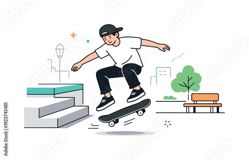 Skateboarding in urban plazas. Young skater practicing simple tricks near steps and ledges, relaxed posture and focused expression. Everyday