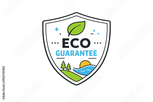 Eco guarantee emblem. A shield-shaped badge with a leaf or heart symbol, calm and reassuring feeling. The scene represents protection, care,