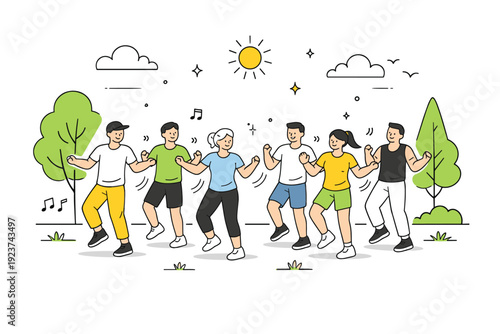 Outdoor dance classes in parks. Group dancing in sync, simple coordinated steps and relaxed expressions, sense of rhythm and shared movement,