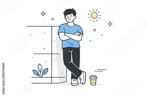 Urban Restfulness. People resting against structures. A person leaning casually against a concrete wall, arms crossed, taking a short pause. The scene feels