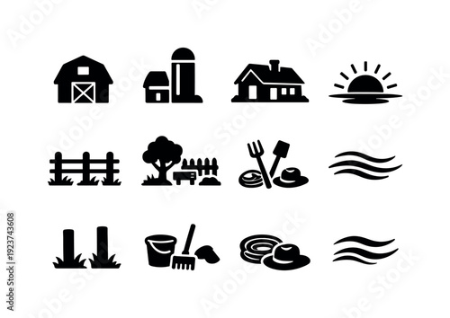 Farmstead evening calm. Filled icon set of Farmstead evening calm: barn, silo, farmhouse,