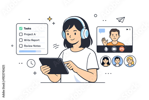 Remote work tools in use. A character using a tablet and headphones with a task management app and video call interface, showing focus,