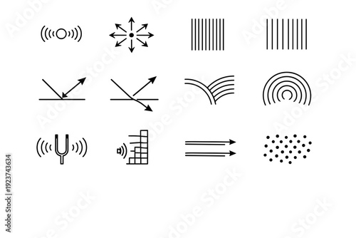 Acoustic Physics Icons. Acoustic physics. Line icon set of Acoustic physics: sound source point, wave propagation arrows, compression lines, rarefaction lines,