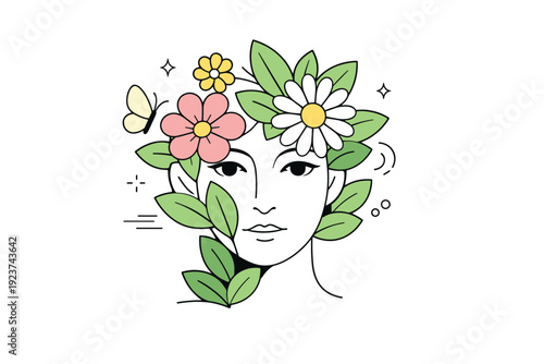 Abstract surreal portraits with spring motifs. A human face blended with blooming flowers and soft leaves, eyes calm and reflective. Fresh energy and renewal