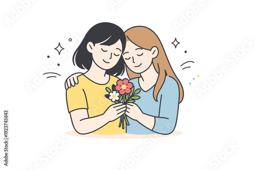 Women hugging with flowers. Two women embrace gently while holding a small bouquet between them. Quiet affection and warmth, soft body